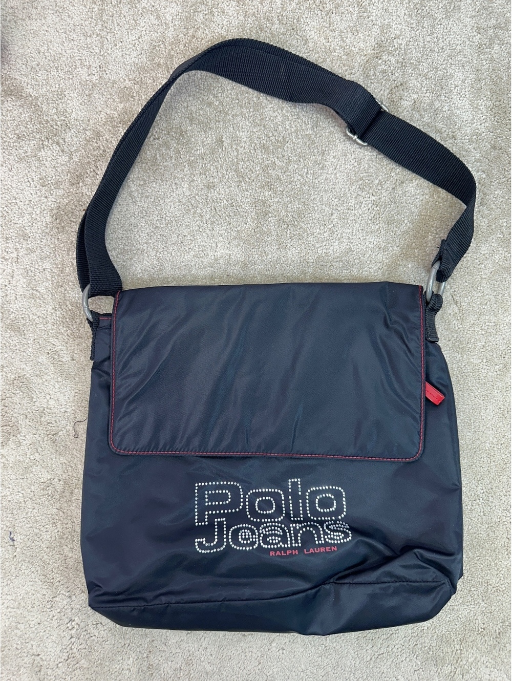 Polo Ralph Lauren Rhinestone Bling Nylon Messenger Bag Adjustable Strap Vintage